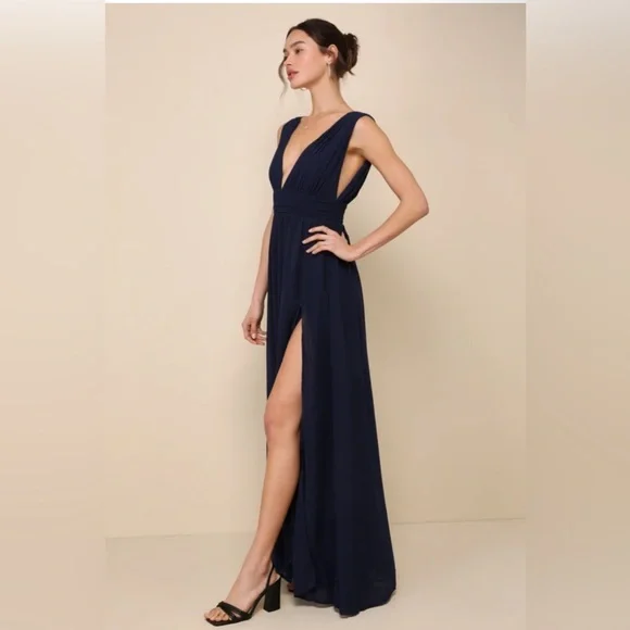 navy blue bridesmaid dresses lulus Going with Elegance Navy Blue Satin Tiered Gown
